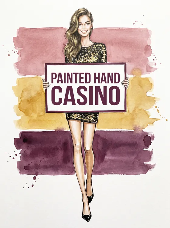 Fashion drawing: the site character, a young woman with long dark-blonde hair in a black-and-gold sequin mini dress, stands in front of wide painted bands of rose, ochre and plum, holding a white board that reads Painted Hand Casino.
