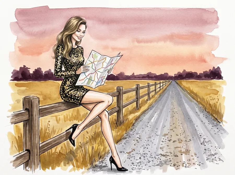 Fashion drawing: the site character sits on a wooden fence beside a straight prairie road at sunset, reading a folded road map, golden fields behind her.