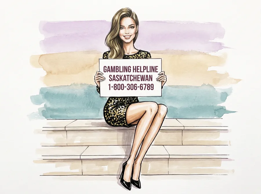 Fashion drawing: the site character sits on pale stone steps holding a card that reads Gambling Helpline Saskatchewan 1-800-306-6789.